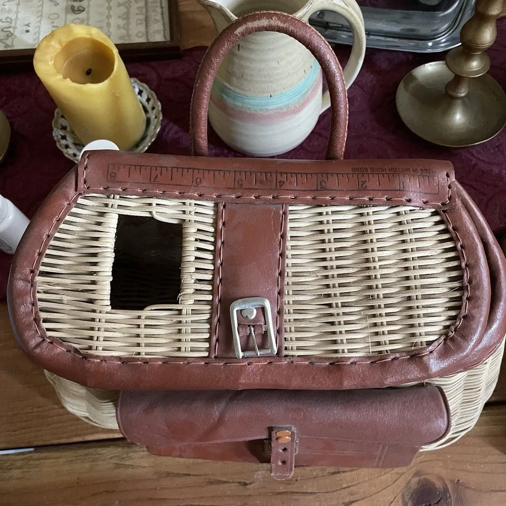 Vtg Wicker and Leather Creel Basket W/Pouch Made in British Hong Kong
